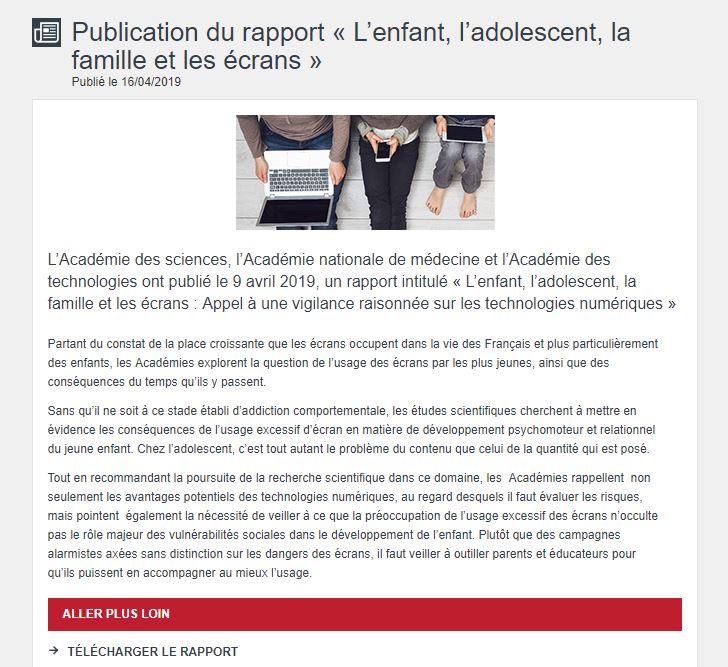 Image de Publication du rapport « l’enfant, l’adolescent, la famille et les écrans »