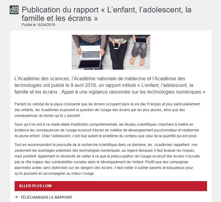 Publication du rapport « l’enfant, l’adolescent, la famille et les écrans »